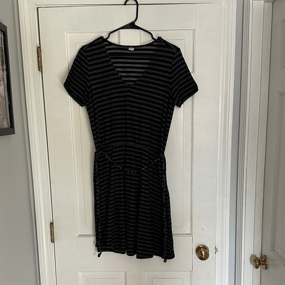 Old Navy Black and Gray Striped V-Neck Mini Dress
